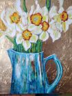 Daffodils in turquoise jug<br />Acrylic and dutch gold on 12 inch square deep edge canvas<br />&pound;200