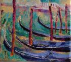 Moored Gondolas, Venice<br />Acrylic and dutch gold on 6 inch square standard canvas, unframed.<br />&pound;75