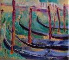 Moored Gondolas, Venice<br />Acrylic and dutch gold on 6 inch square standard canvas, unframed.<br />&pound;75