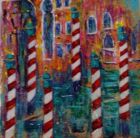 Red and white mooring poles, Venice.<br />Acrylic and dutch gold on 6 inch square standard canvas, unframed &pound;75
