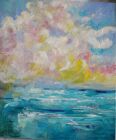 PINK AND YELLOW CLOUDS<br /><br />Oil on deep edge 8&quot; square wood panel - ready to hang - does not require a frame<br /><br />&pound;200