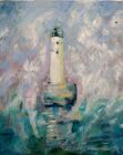 WHITE LIGHTHOUSE IN STORM<br /><br />Oil on 8&quot; square deep edge wood panel - ready to hang - does not require a frame<br /><br />&pound;200