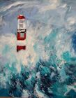 RED AND WHITE LIGHTHOUSE<br /><br />Oil on 8&quot; square deep edge wood panel - ready to hang- does not require a frame <br /><br />&pound;200